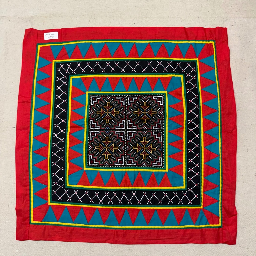 Vintage Hmong Paj Ntaub Hand Embroidered Textile Panel Red Teal Geometric 21x21